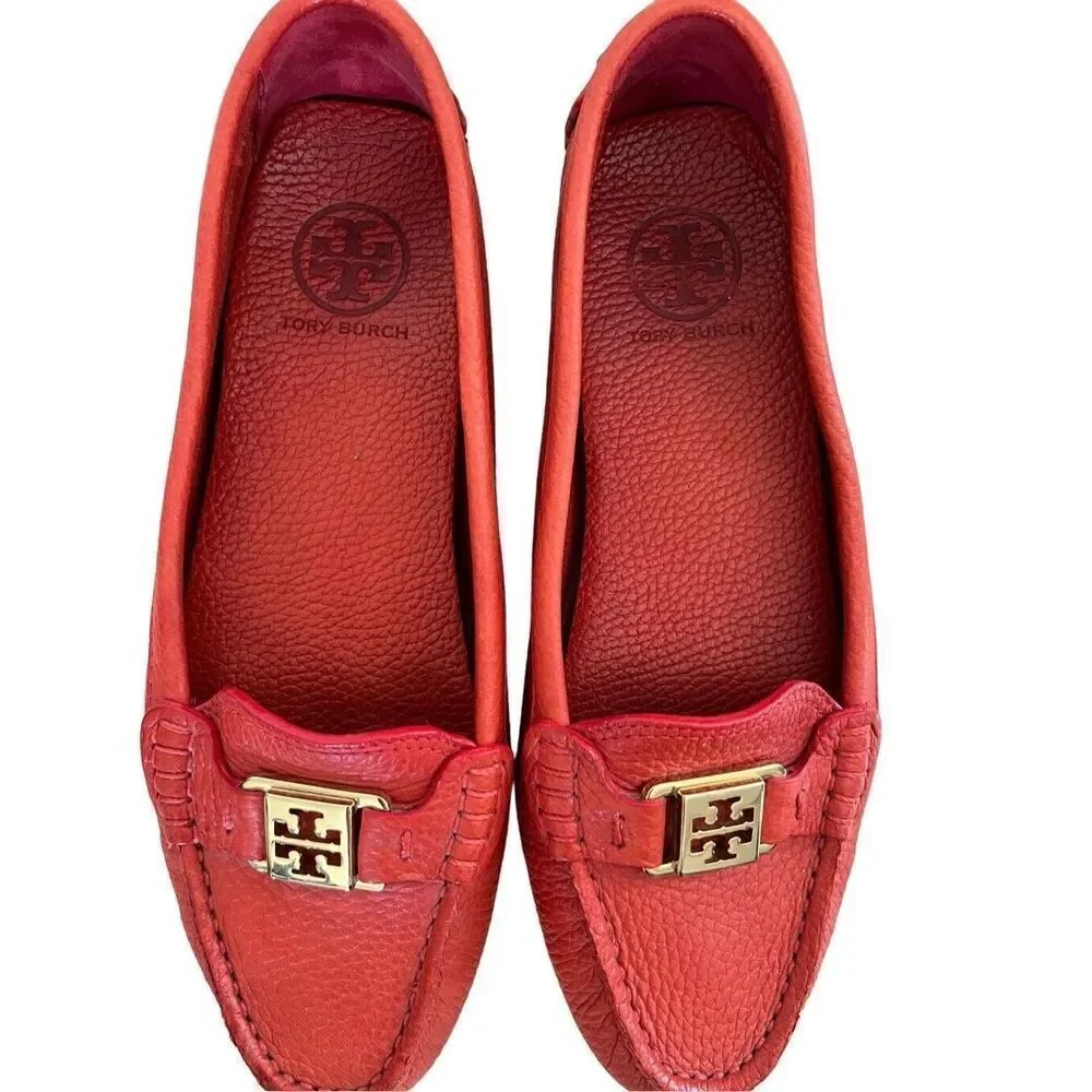 NWOB Tory Burch Kendrick Tumble Leather Orange Flats Loafers W/dustbag Women’s 8